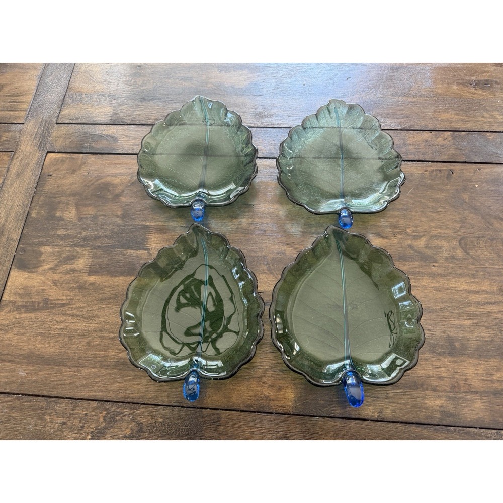 Dynasty Gallery Set of 4 Green Glass Leaf Plates Blue Handles Serving Dishes